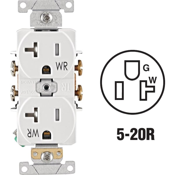 Straight Blade Receptacle, 5-20R, 20 A, 2 Pole, 3 Wire, Grounded